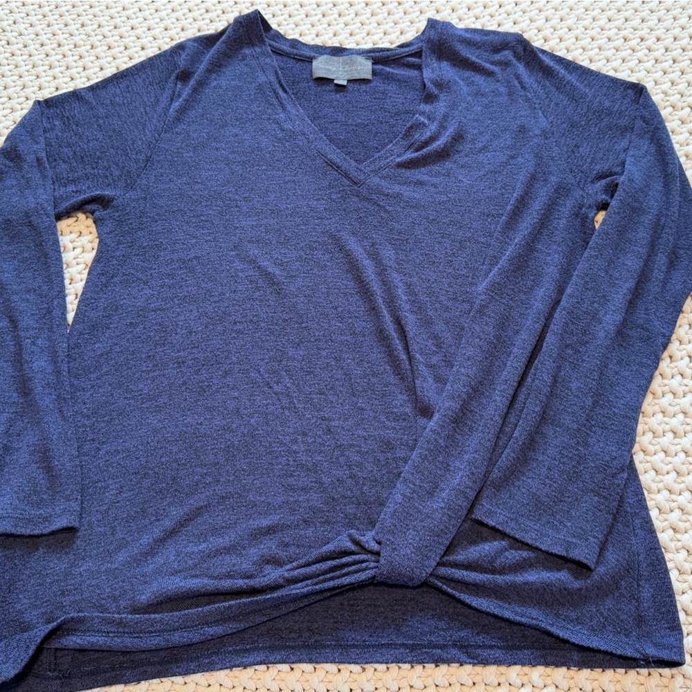 Sunday in Brooklyn Deep Navy V-Neck Long Sleeve Top with Twist Hem
